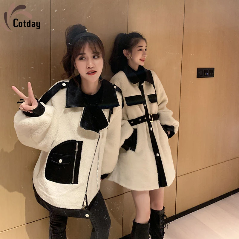 

Cotday Lamb Wool Small Fragrance Women Single Breasted Coat Female Winter Warm Stitching Loose Patchwork Temperament Jacket Coat