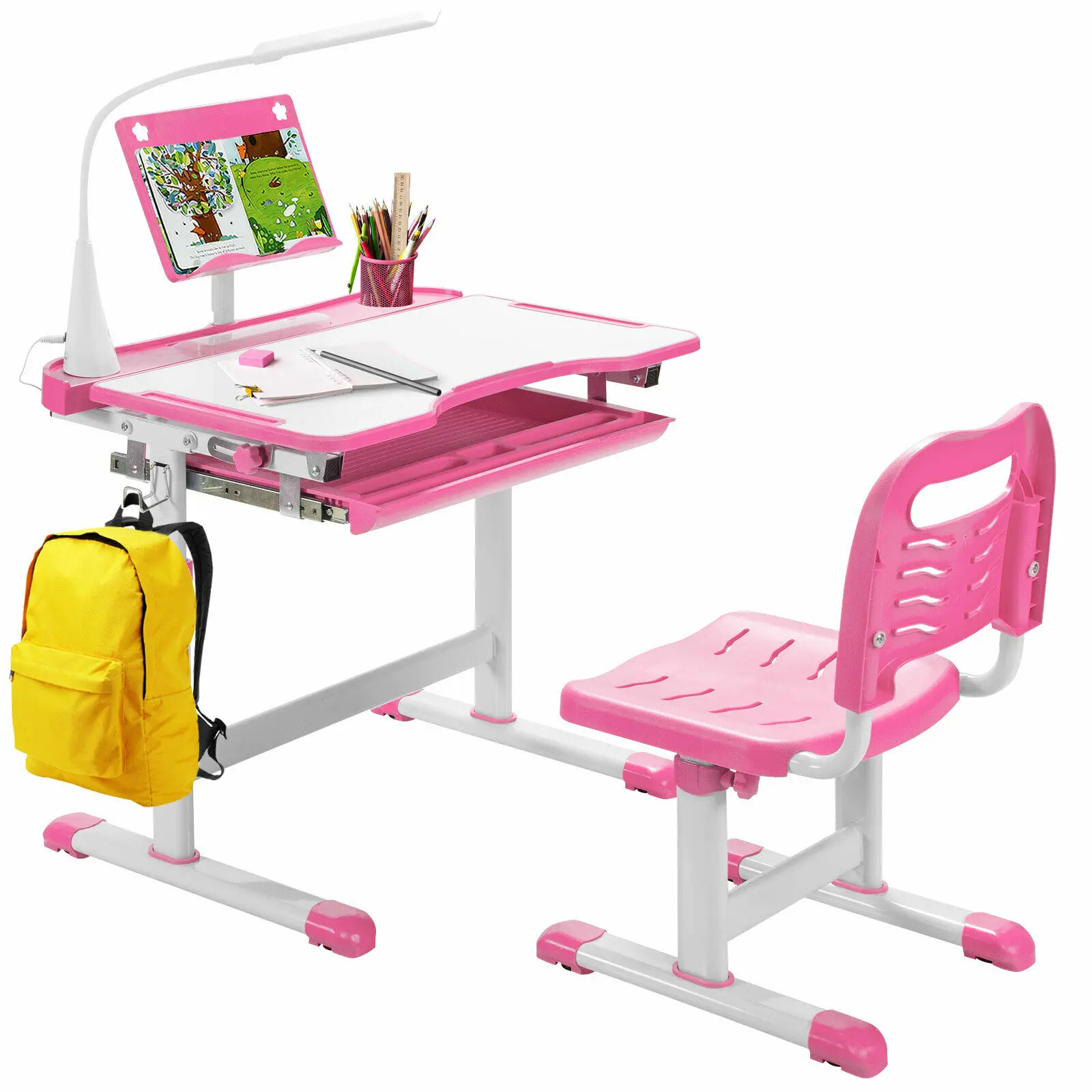 Honeyjoy Kids Adjustable Height Study Table and Chair Set w/Bookstand&Light Blue/Pink  HW67622PI