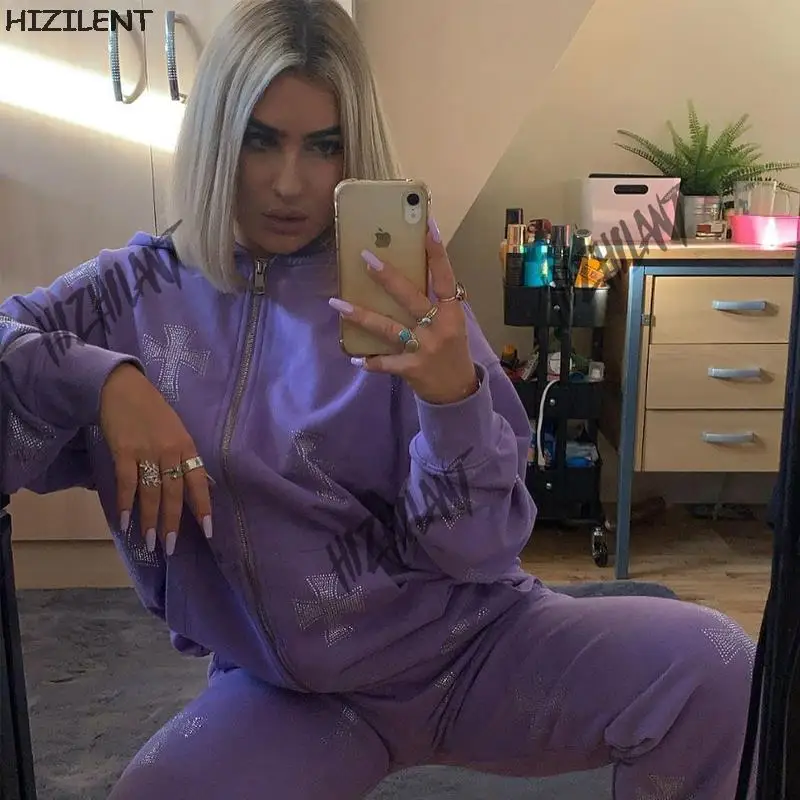 Y2K Стразы толстовки большого размера с перекрестной молнией E-girl винтажные