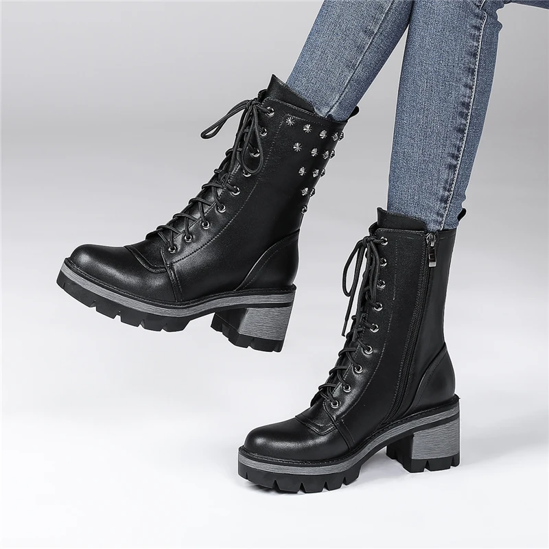 

CONASCO Popular Fashion Women Mid-Calf Boots New Arrival High Heels Shoes Woman Rivets Platforms Side Zipper Motorcycle Boots