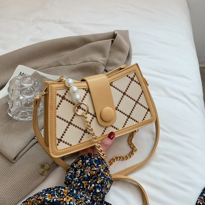 

Luxury Pearl Chain Women's Shoulder Bag Fashion Rhomboid Pu Handbag Woman 2021 New Designer Brand Underarm Crossbody Bag Women