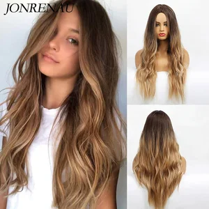 JONRENAU Long Synthetic Natural Wave Brown to Golden Blonde Ombre  Hair Wig Daily Wear Wigs for White /Black women