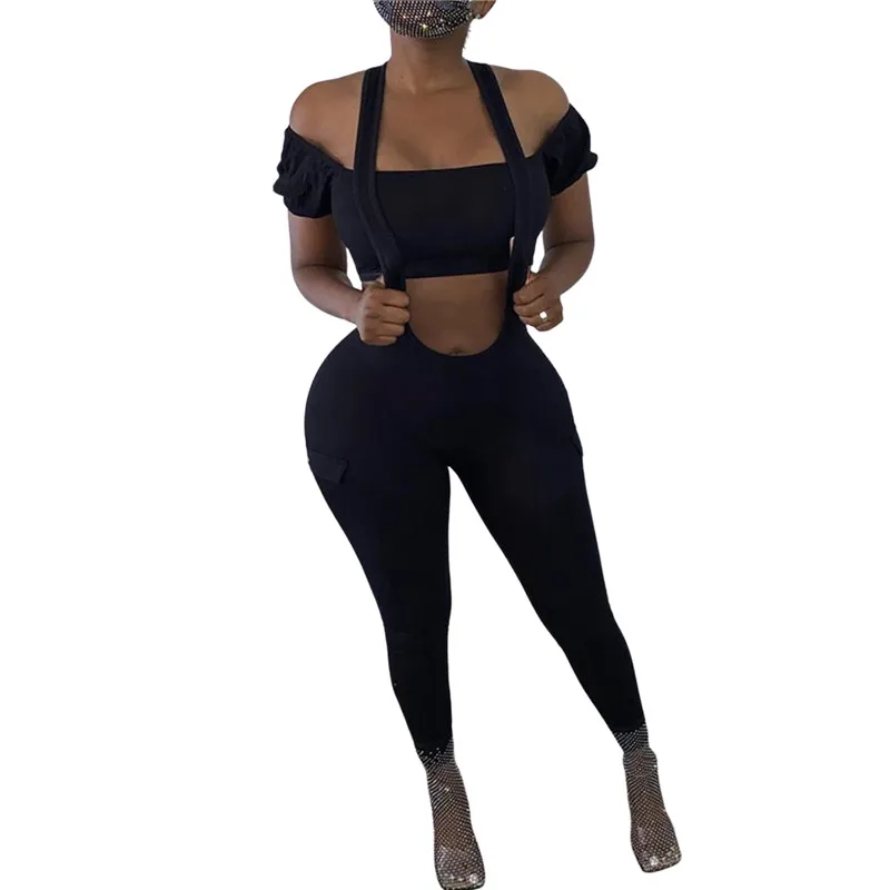 

Casual Female Slim Tracksuit 2Pcs Set Women Outfits Solid Color Off Shoulder Short Sleeve Crop Tops Sling Jumpsuit Matching Sets