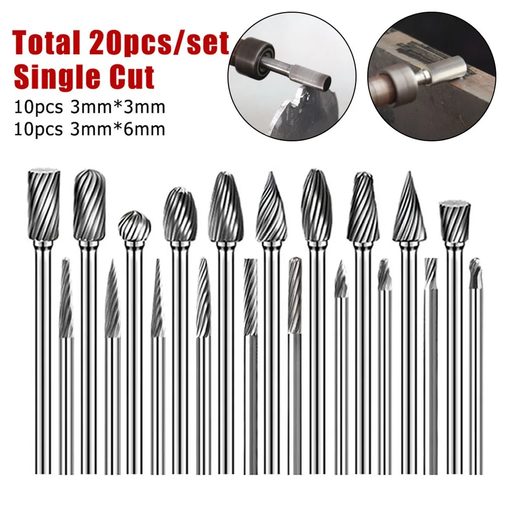 

20PCS 3mm 6mm Tungsten Carbide Head Tungsten Carbide Steel Rotary Burr Die Grinder Bit Shank Carving Set Rotary Tools