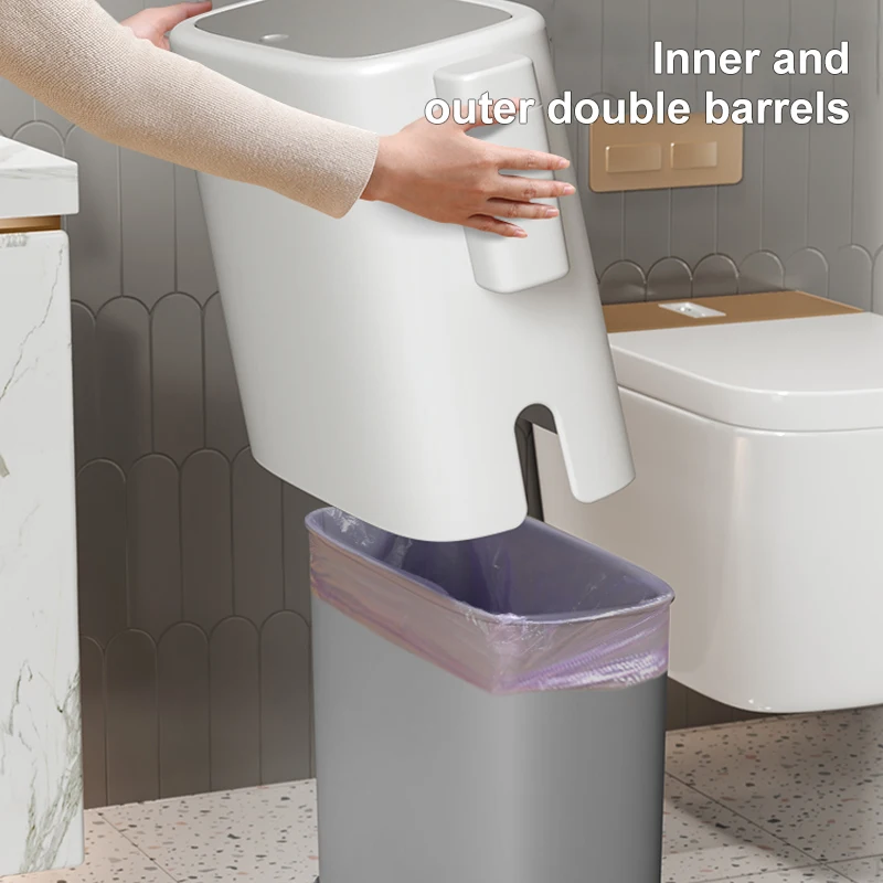 

Bathroom Trash Can Double Layer Toilet Narrow Garbage Bin Press Style Kitchen Bathroom Garbage Bin with Lid 15L