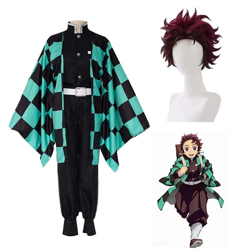 

Demon Slayer Kimetsu No Yaiba Cosplay Costumes Kimono Kamado Tanjirou Adult Child Wig Suit Halloween Anime Costume