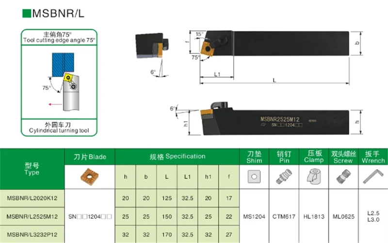 

Angle 75 MSBNR2020K12 The Seat of CNC lathe Is Embedded With 20mm Cemented Carbide Blade MSBNL2020K12 Factory Birect Sale