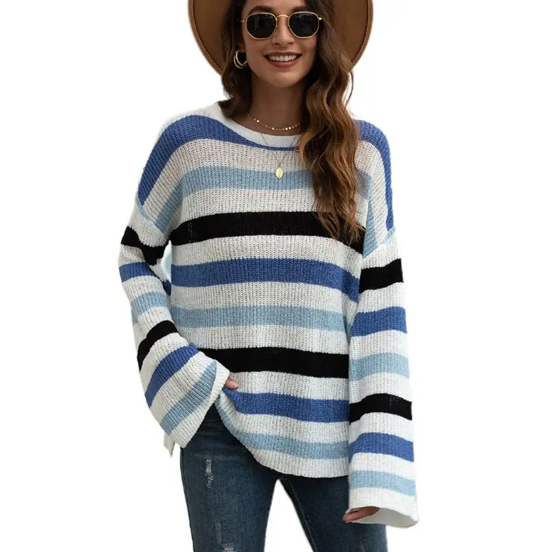 

Женский осенний свитер с расклешенными рукавами, Цветной полосатый пуловер с круглым вырезом, туника, топы с Боковым Разрезом, повседневный...