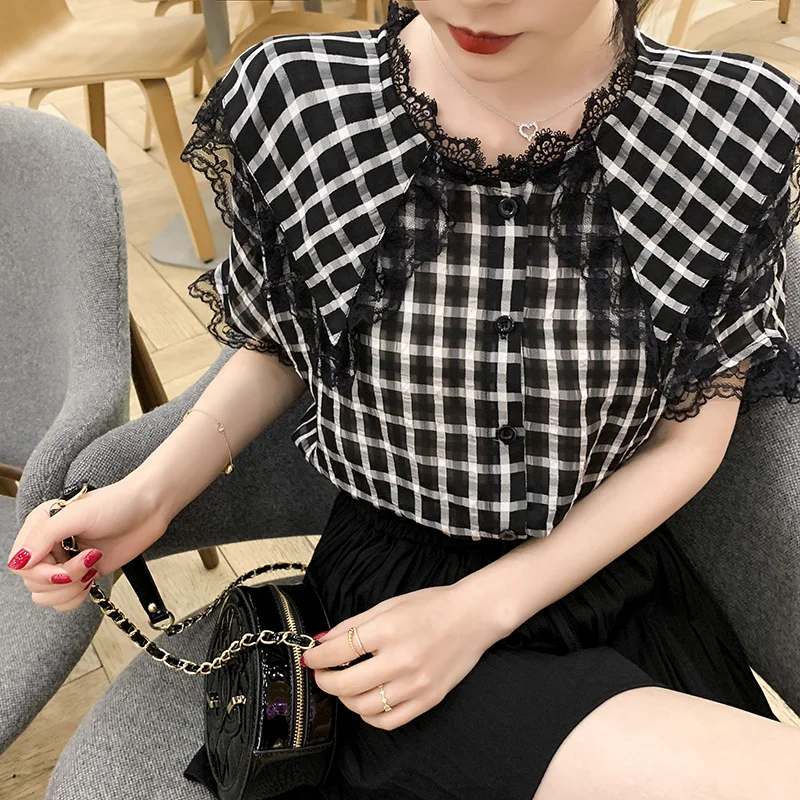 

Кружевное пальто, женская клетчатая шифоновая рубашка, стильная рубашка с коротким рукавом