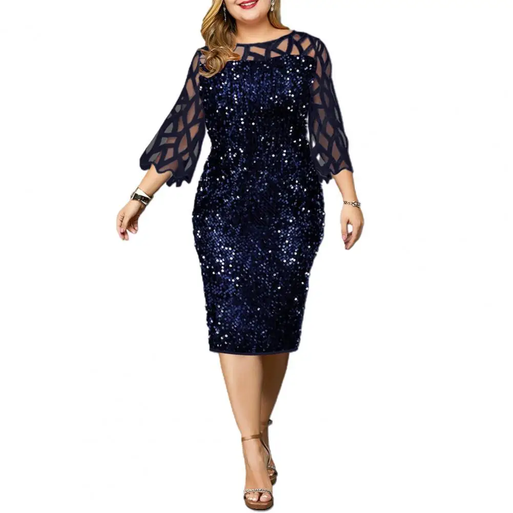 Женское винтажное платье с блестками облегающее Прозрачное до колена круглым