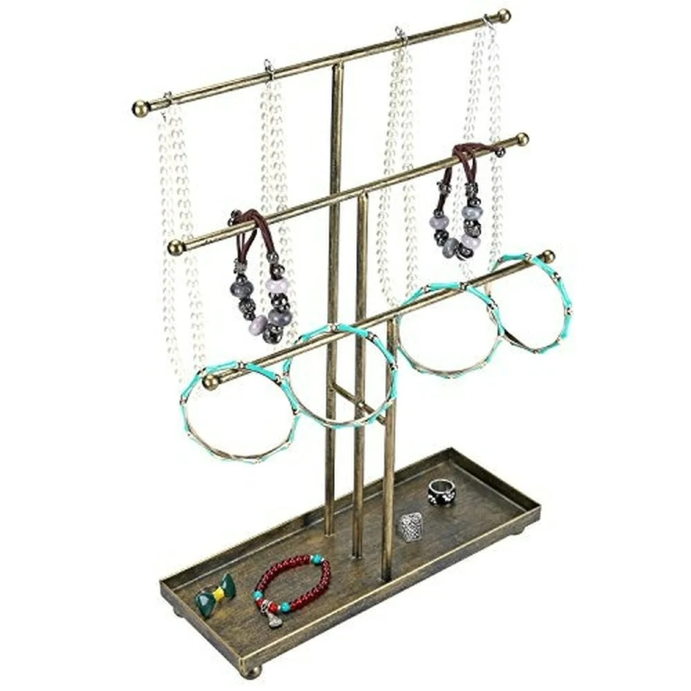 

Metal 3 Tier Jewelry Organizer Stand Tabletop Bracelets and Necklaces Display Tree Earrings Tray Large Jewelry Storage Holder