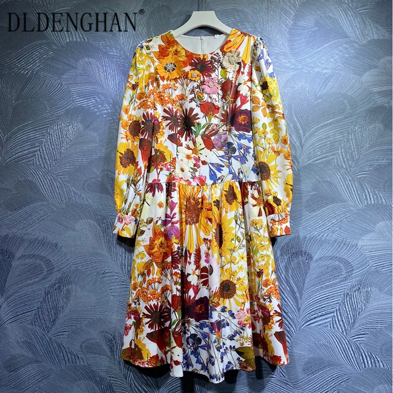 

DLDENGHAN Runway Designer Autumn Dress Women O-Neck Lantern Sleeve Beading Appliques Flower Print Vacation Mini Dresses