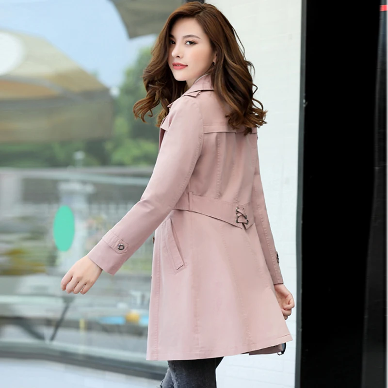 

Women New Solid Medium Long Trench With Belt Lightweight Slim Coat Female Full Sleeve Turn-down Collar Double Breasted OL Casual