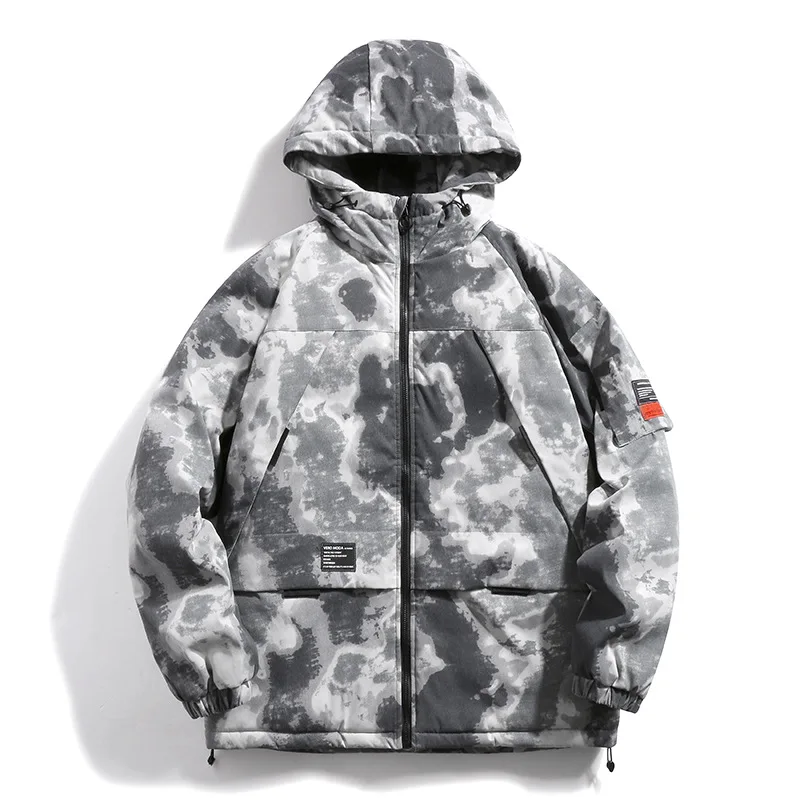 Camouflage Tie-dye Multi-pocket Tooling Warm Hooded Jacket Men's Fashion Outdoor Loose Thickening Winter Coat Streetwear
