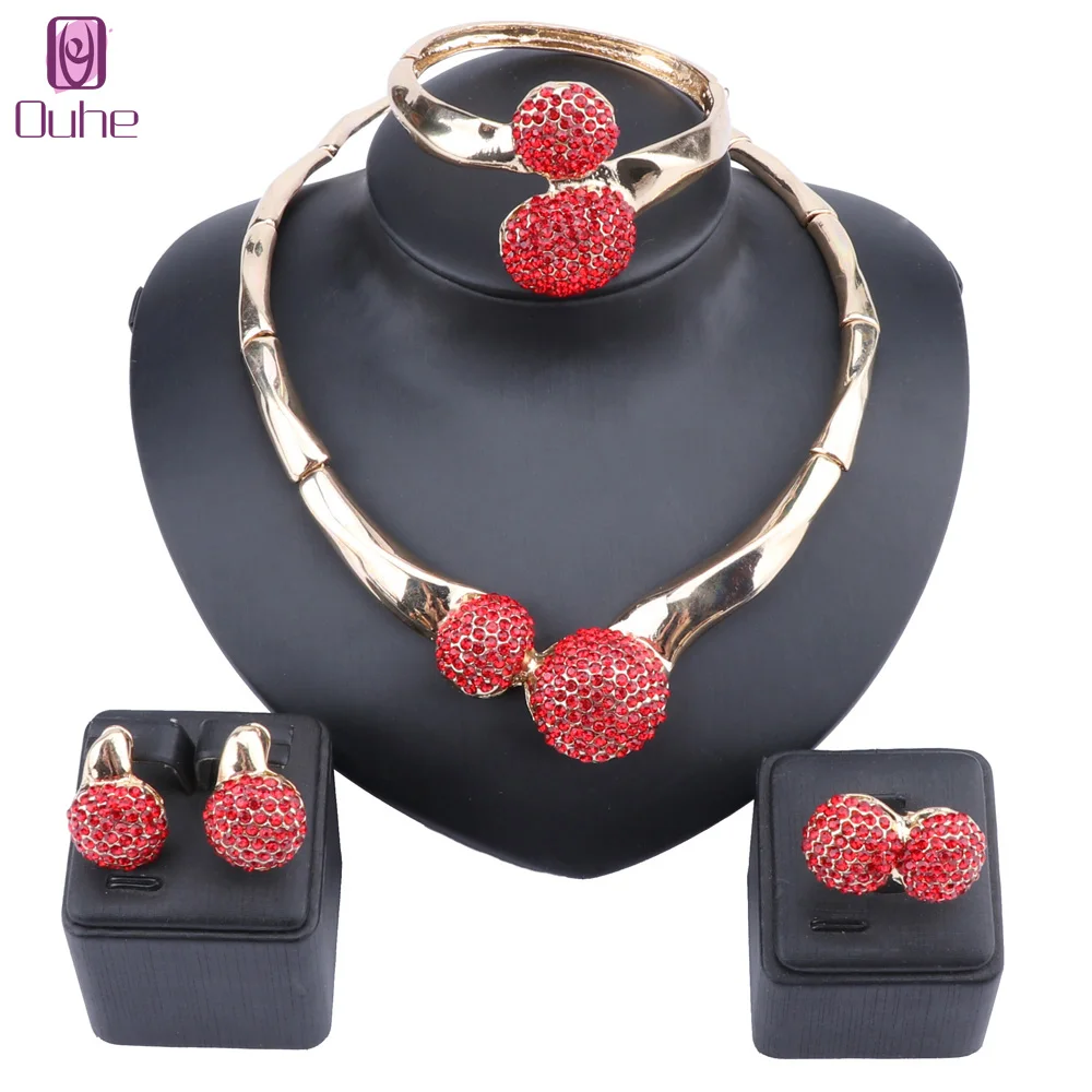 

Women Red Crystal Wedding Necklace Earring Bangle Ring Jewelry Sets For Bride Party Costume Accessories Decorations