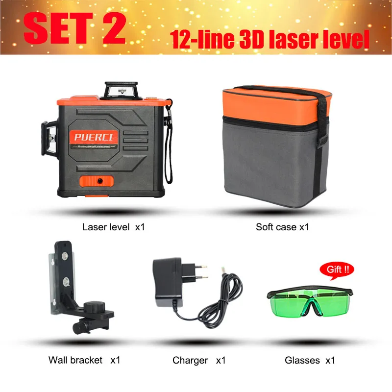 SET 2 PUERCI P6CG 12 линий 3D зеленый лазерный уровень самонивелирующийся 360 горизонтальный вертикальный крест супер мощный зеленый лазерный луч - Цвет: SET 2