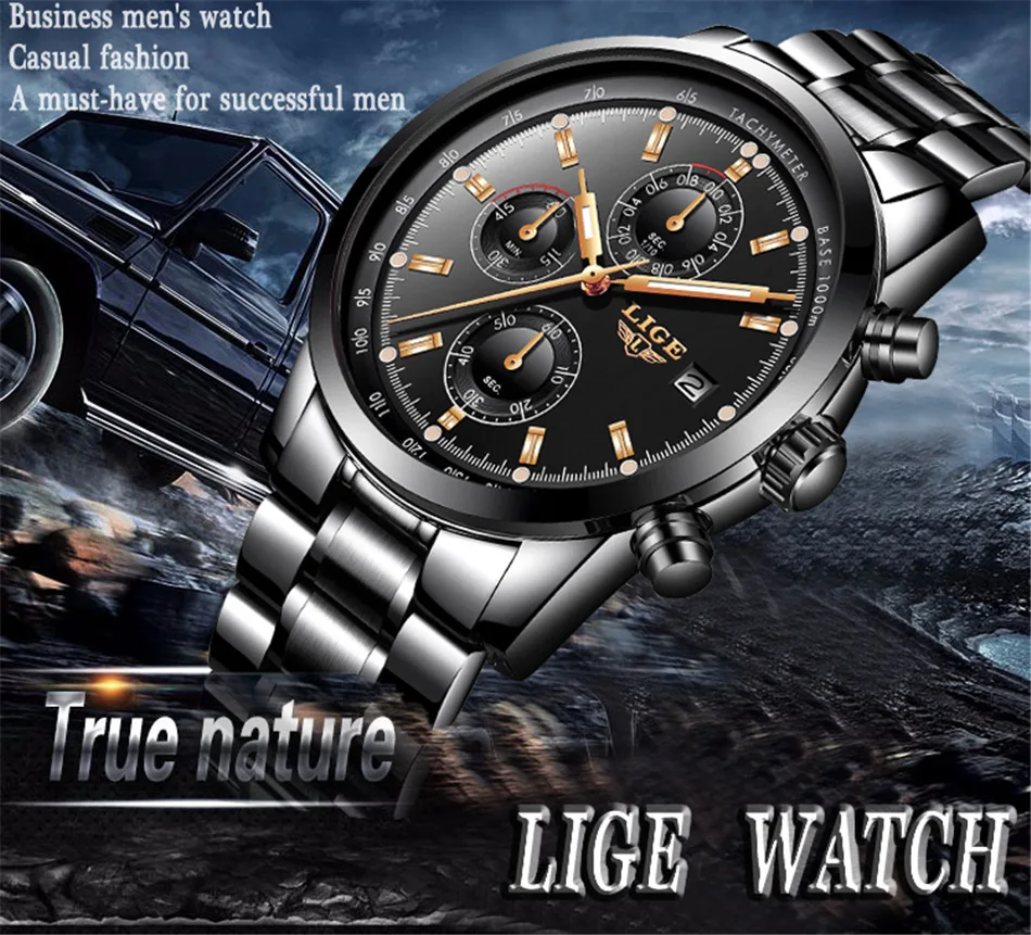 

LIGE 9859 Men Fashion Multifunctional Sports Quartz Watch Luxury Brand Full Steel Business Waterproof Wristwatches Male Clock