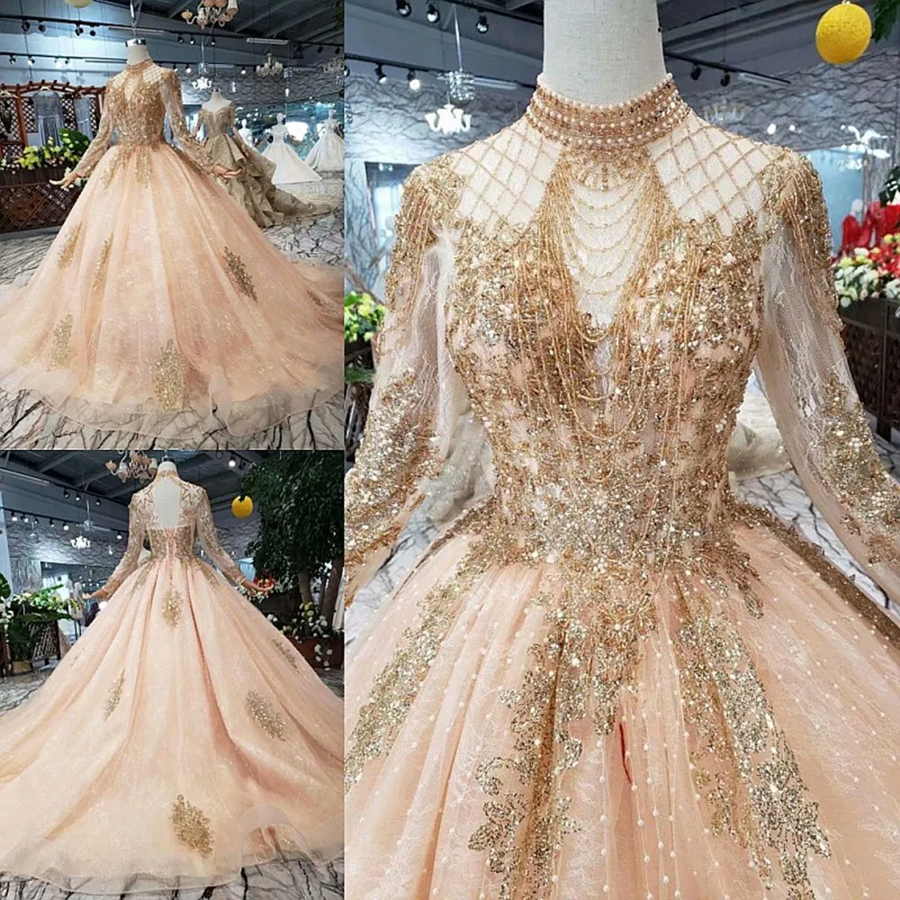 Золотое роскошное кружевное свадебное платье ручной работы с вышивкой