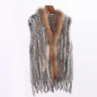 Жилет из натурального кроличьего меха с воротником из меха енота вечерние куртки вязаные жилеты Женский шерстяной жилет colete de pele de coelho