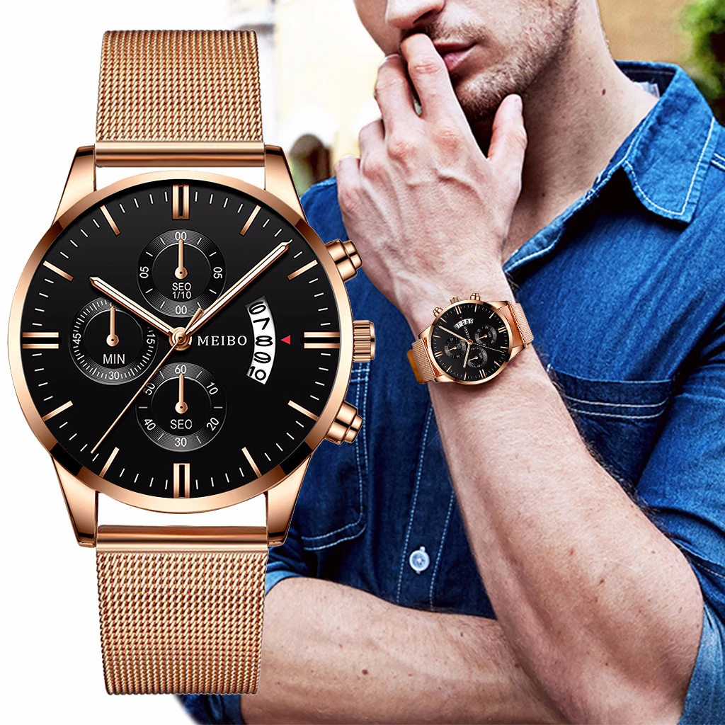 Для мужчин Нержавеющая сталь пояс сетки Бизнес часы с календарем класса люкс