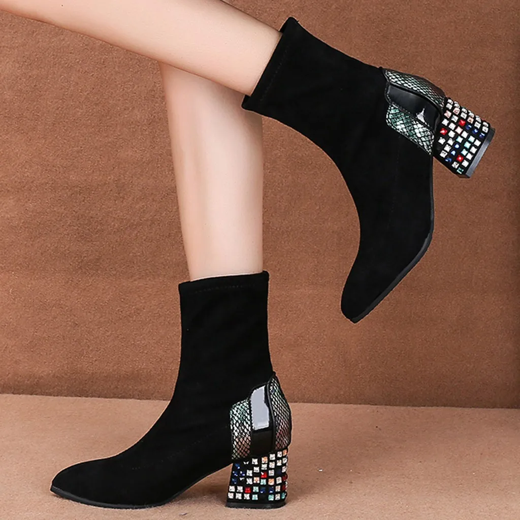 Женские ботинки с цветными кристаллами черные ботильоны на толстом каблуке без