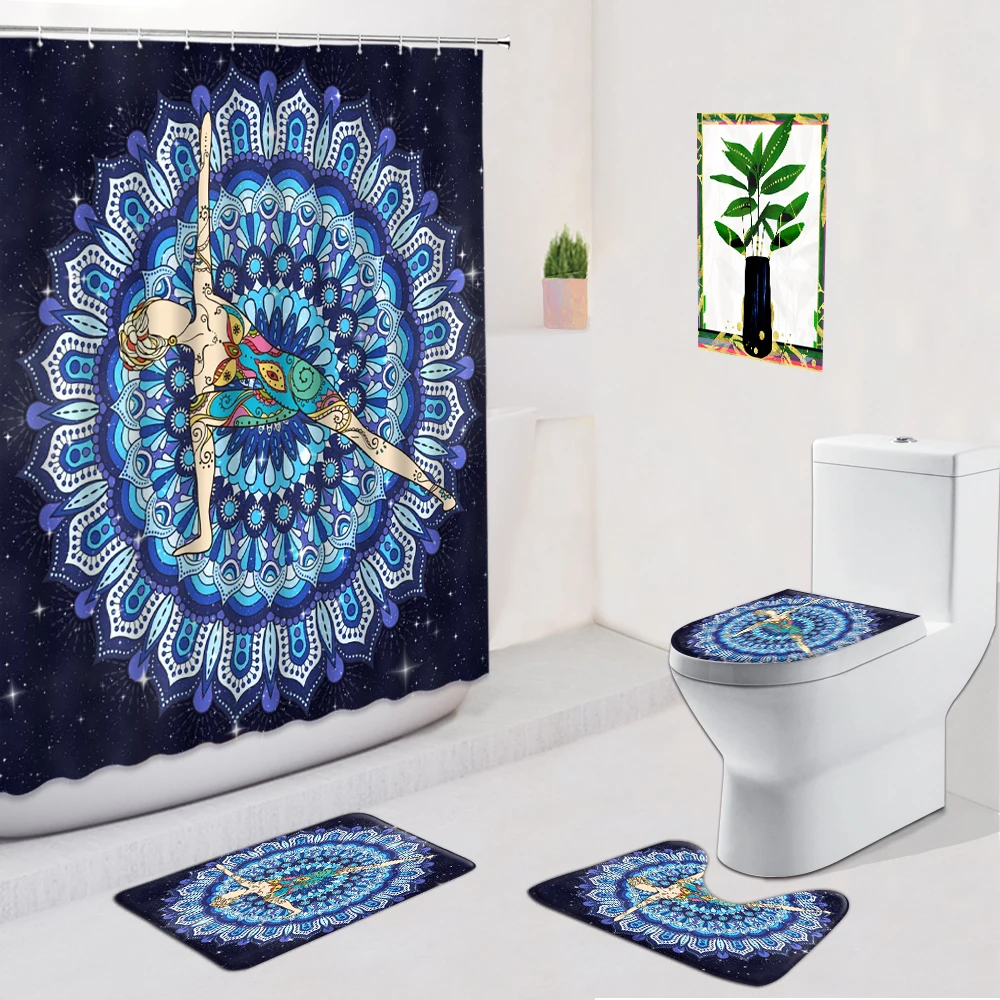 

Colorful Mandala Flower Shower Curtains Ethnic-Style Floral Bathroom Decor Non-Slip Carpet Toilet Foot Pad Doormat Bath Mat Sets