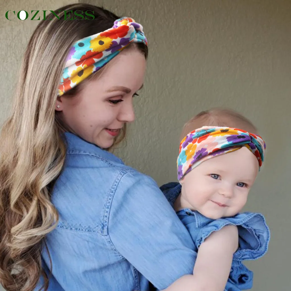 

COZINESS 2Pcs/Set Mom & Baby Headbands Mother Baby Turban Mom Daughter Cross Hairband Floral Print Parent-Child Hair Accessories