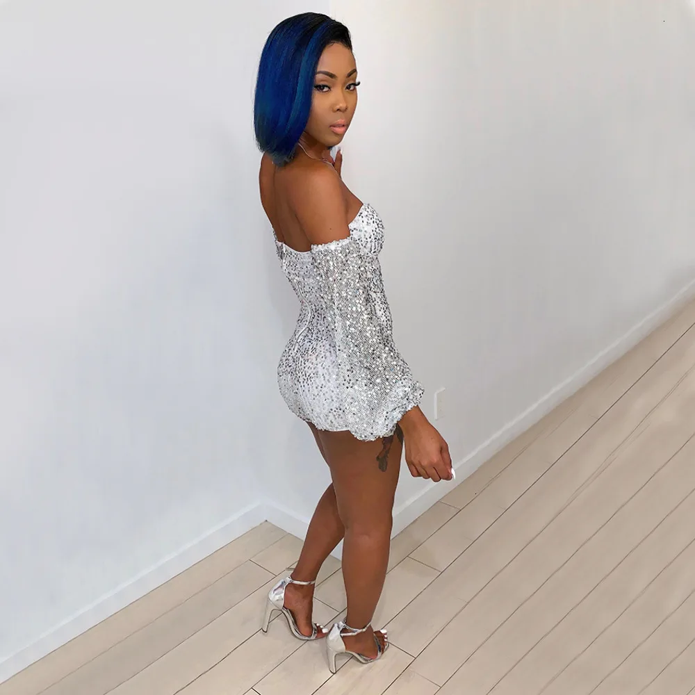 Feditch Off Shoulder Sequined Sexy Jumpsuit Women Club Wear Party Playsuit Gold Elegant Female Glitter Playsuit New Rompers