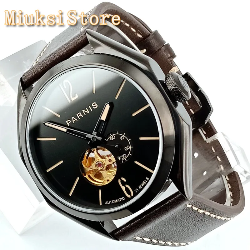 

Parnis 43mm Black PVD Case Black Dial Sapphire Glass 21 Jewels Miyota Movement Leather Strap Men's Top Luxury Automatic Watch