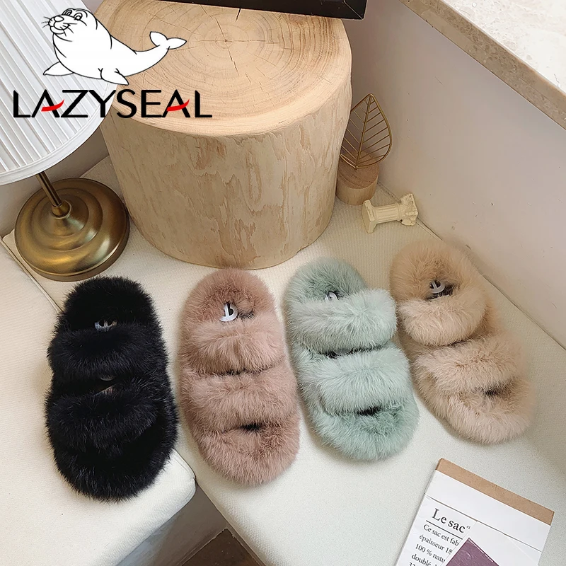 LazySeal/женские тапочки с натуральным мехом новые тапочки их меха под кролика домашние Шлепанцы женские пушистые домашние вьетнамки