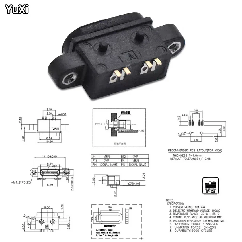 

YUXI 10-100PCS USB3.1 4Pin Waterproof TYPE-C Female Connector With Screw Hole Double-sided Fast Charging Port 180 Degrees