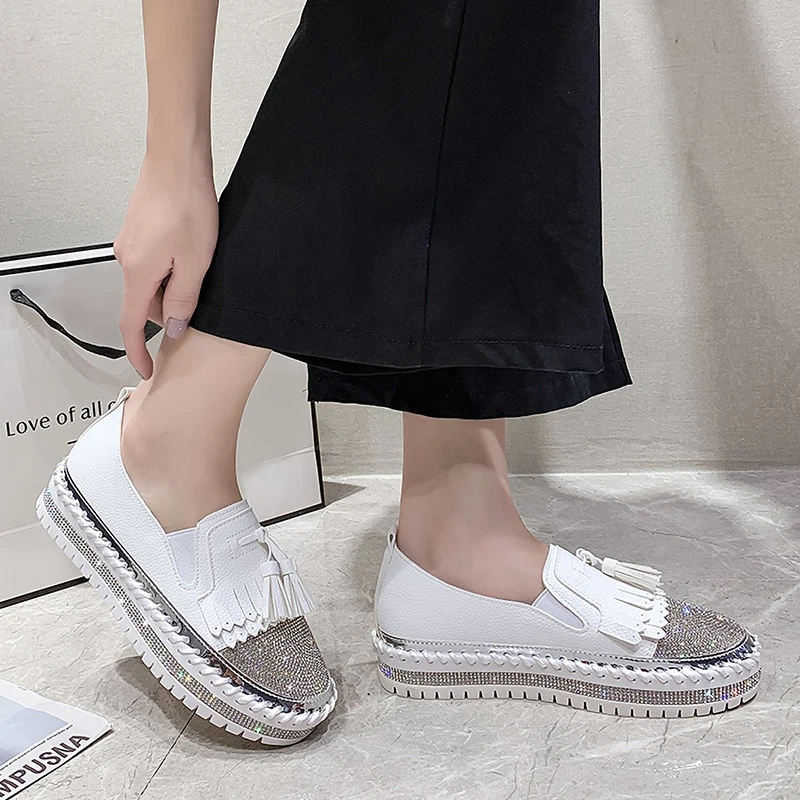 

Lucyever 2020 Autumn Women PU Leather Flats Fashion Rhinestone Tassel Casual Shoes Woman Round Toe Slip-on Platform Shoes Female