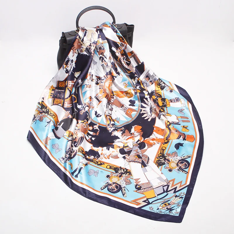 

Silk Scarf Female Satin 90*90cm Square Scarves European and American Classic Mythical Muslim Headscarf Bag Wild Decoration