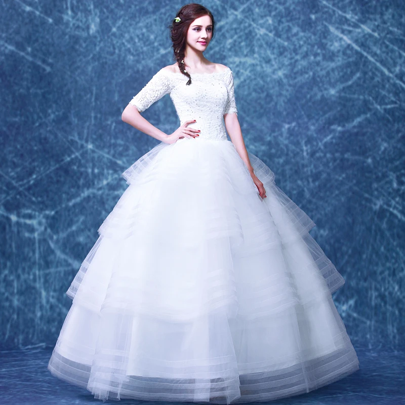 

White Lace Wedding Dress 2015 Louisvuigon Tiered Bridal Dresses Half Sleeve Organza Lace Up Wedding Gowns Robe De Mariage KW1233