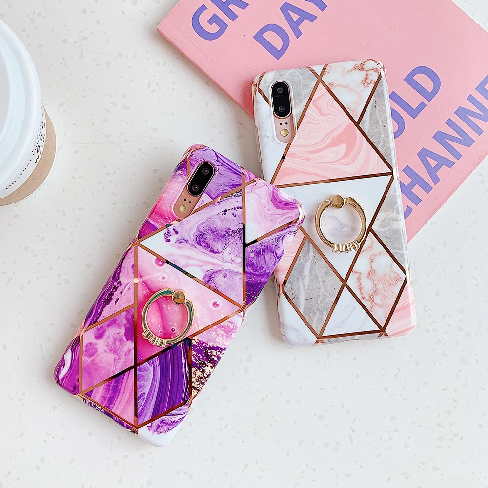 lovecom plating geometric marble phone case for huawei p40 pro p30 lite p20 lite pro with finger ring soft imd back cover gift free global shipping