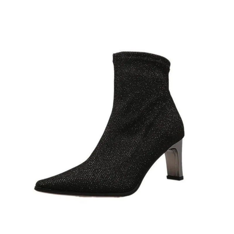 Slim Stretch Ankle Boots for Women Pointed Toe Sock Square High Heel Shoes Woman Fashion Crystal Shine Female | Обувь