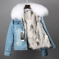 2020 casual new fur coat winter jacket women holes jeans denim jacket parka real raccoon fur collars rabbit fur liner warm