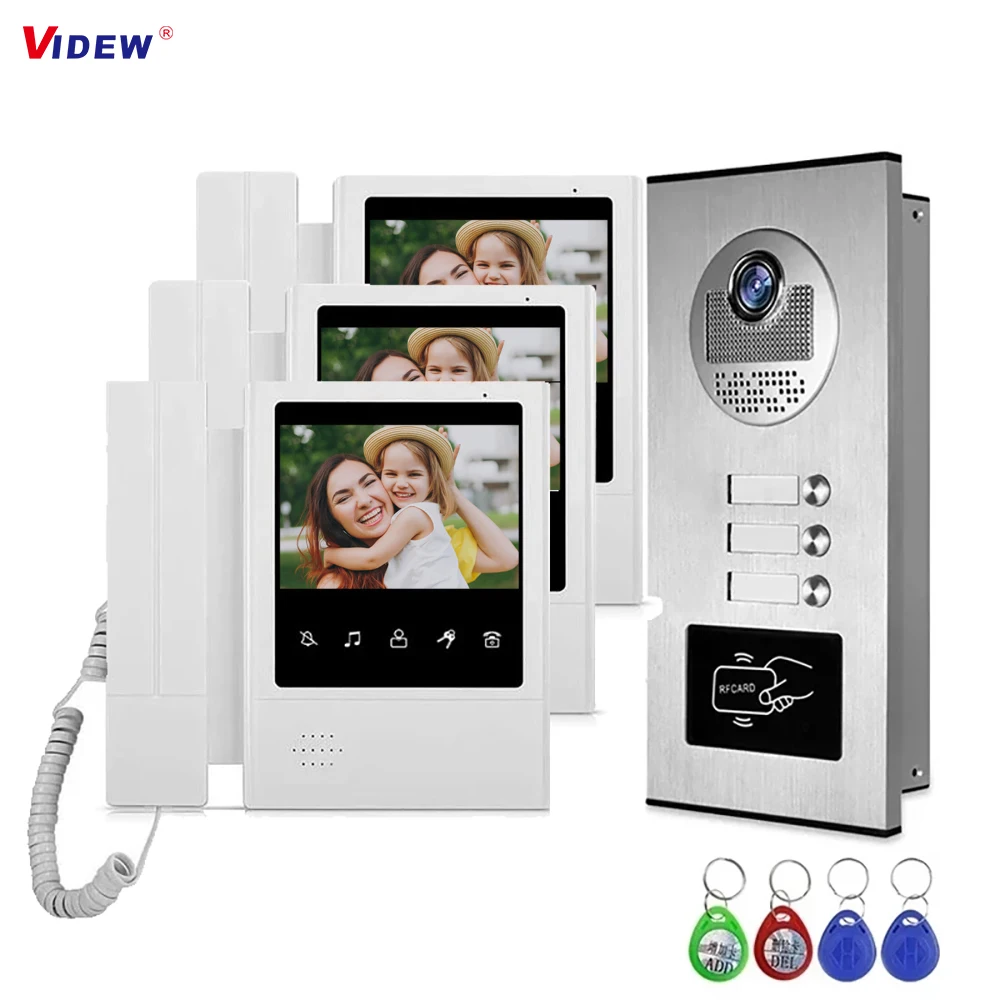 4.3'' Wired Video Doorbell Intercom RFID Access Unlock Door Entry System Camera with 2/3/4 Monitor for Multi Apartment