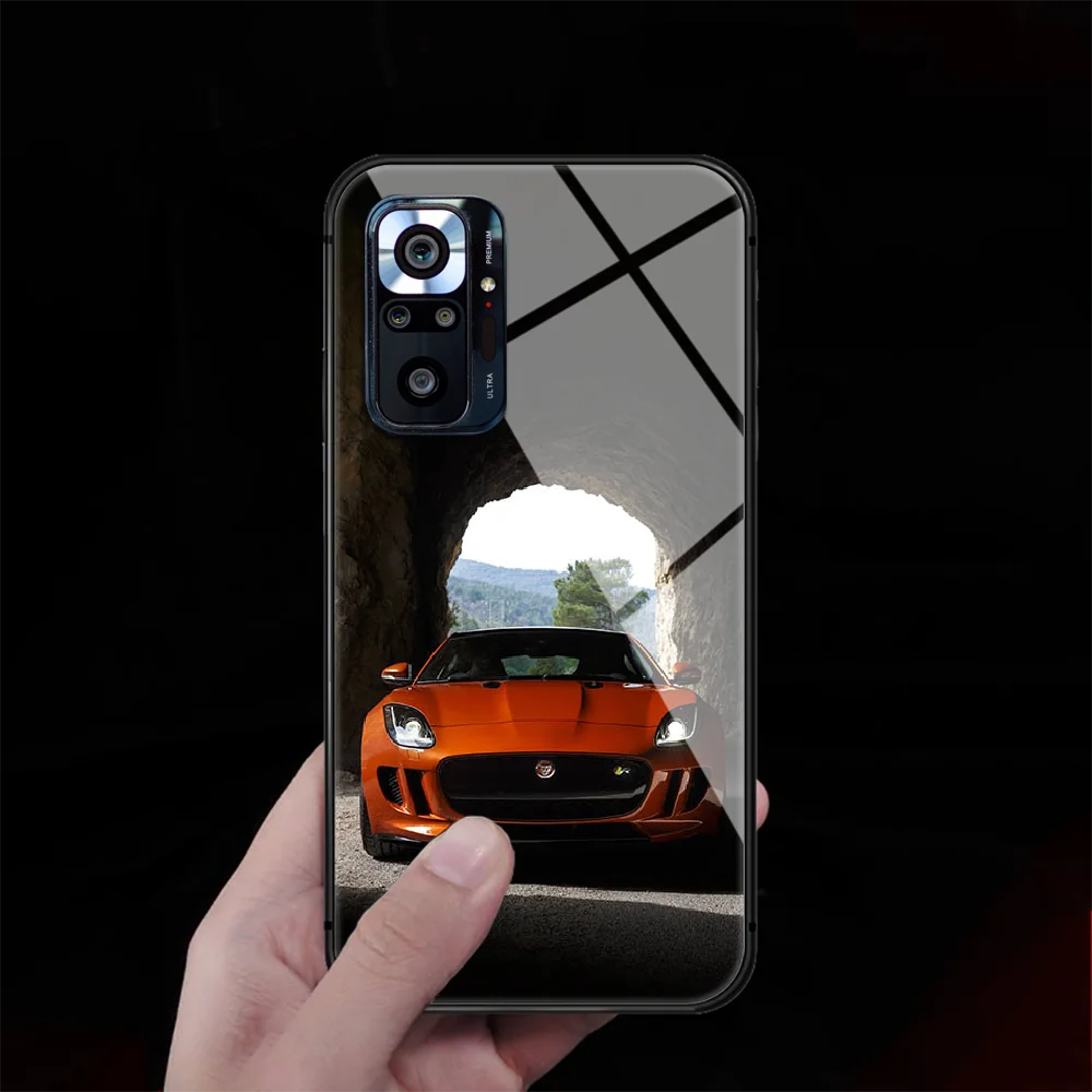 

Car Jaguar Tempered Glass Phone Case Cover For Xiaomi Redmi Note 7 8 9 10 K40 A C S T Pro Black Shell Hot Tpu Bumper