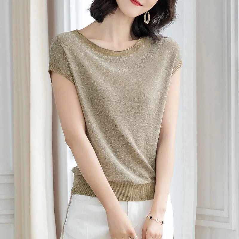 

Han edition dress summer ice silk knitwear flash silk bright silk short sleeve T-shirt thin silk blouse easy days