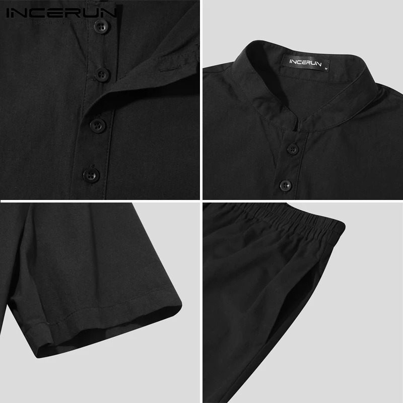 

2021 Men Sets Retro Cotton Solid Color Casual Stand Collar Shirt Long Pants Streetwear Vintage Men Suits 2 Pieces S-5XL INCERUN