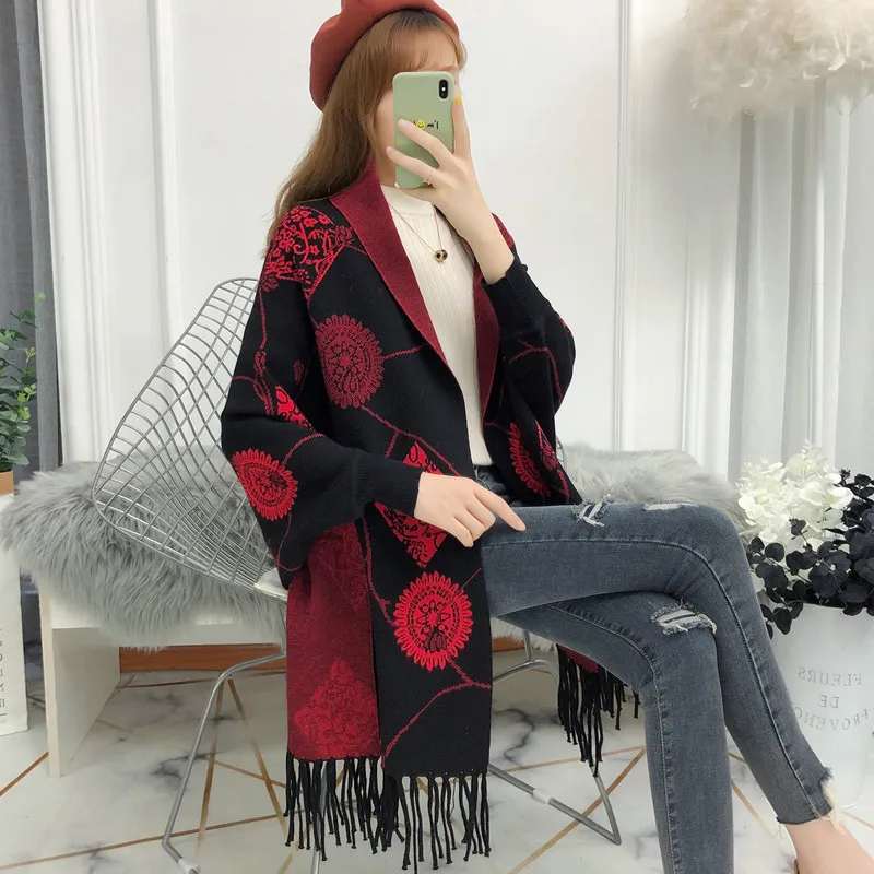 Кардиган с бахромой и рукавом летучая мышь свитер накидка Женский плотный теплый