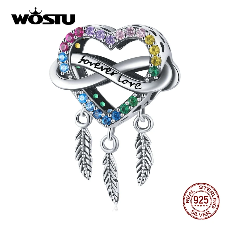 WOSTU 925 Sterling Silver Rainbow Heart Dream Catcher Infinite Charm Forever Love Charm Beads Fit Original Bracelet DIY Jewelry