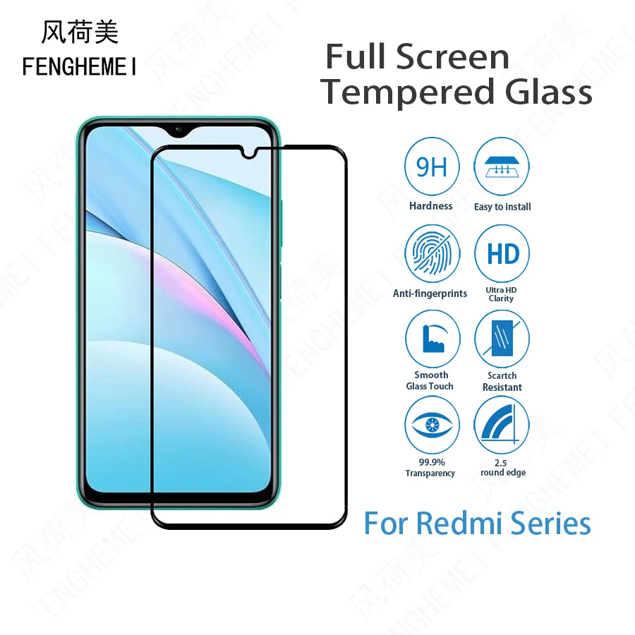 

10Pcs/Lot For Xiaomi Redmi Note 9 Pro Max 9A 9C 9T Note8 8A Pro 8T 8A 7 Pro 6 6A FENGHEMEI 3A Full Glue Cover Tempered Glass