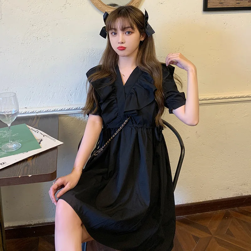 

casual plus size hubble-bubble sleeve French 2021 New Summer Dress Women Casual Ruffles Medium Long Chiffon Dress