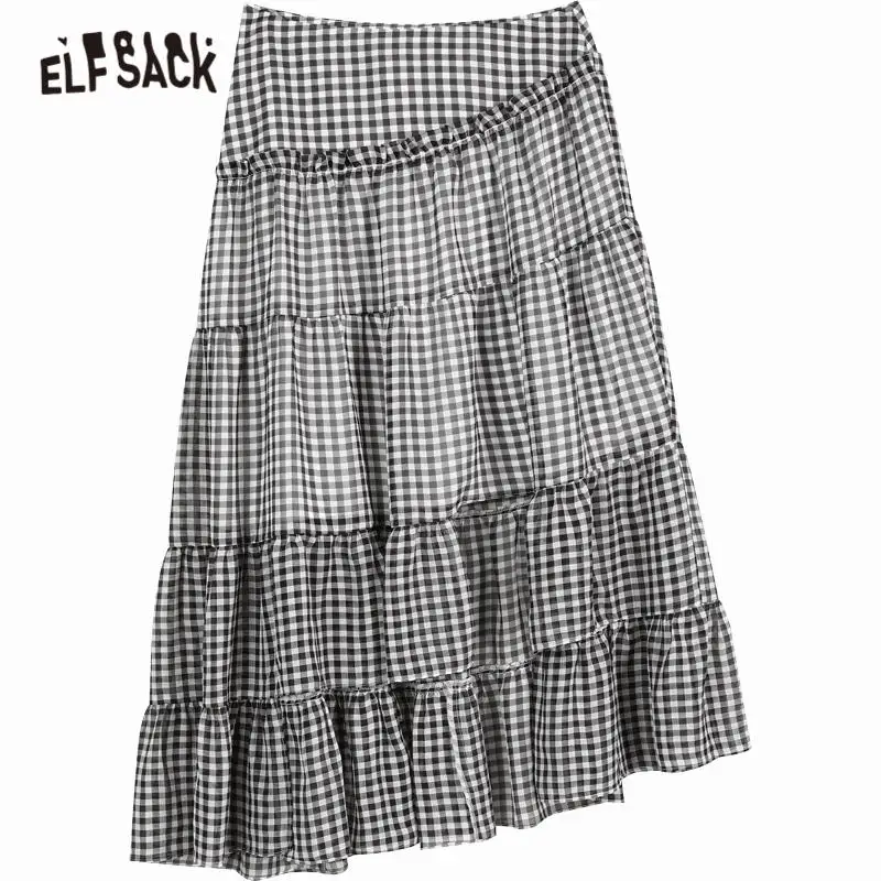 

ELFSACK Black Plaid Irregular Hem Casual Women Multi-Layer Skirts 2020 Summer ELF Contrast Mesh Korean Ladies Daily Bottom