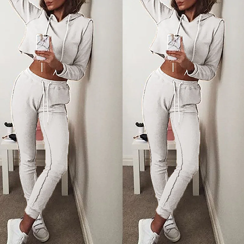 

2021 new home pajamas for women European and American solid color long sleeve fashion hooded casual suit