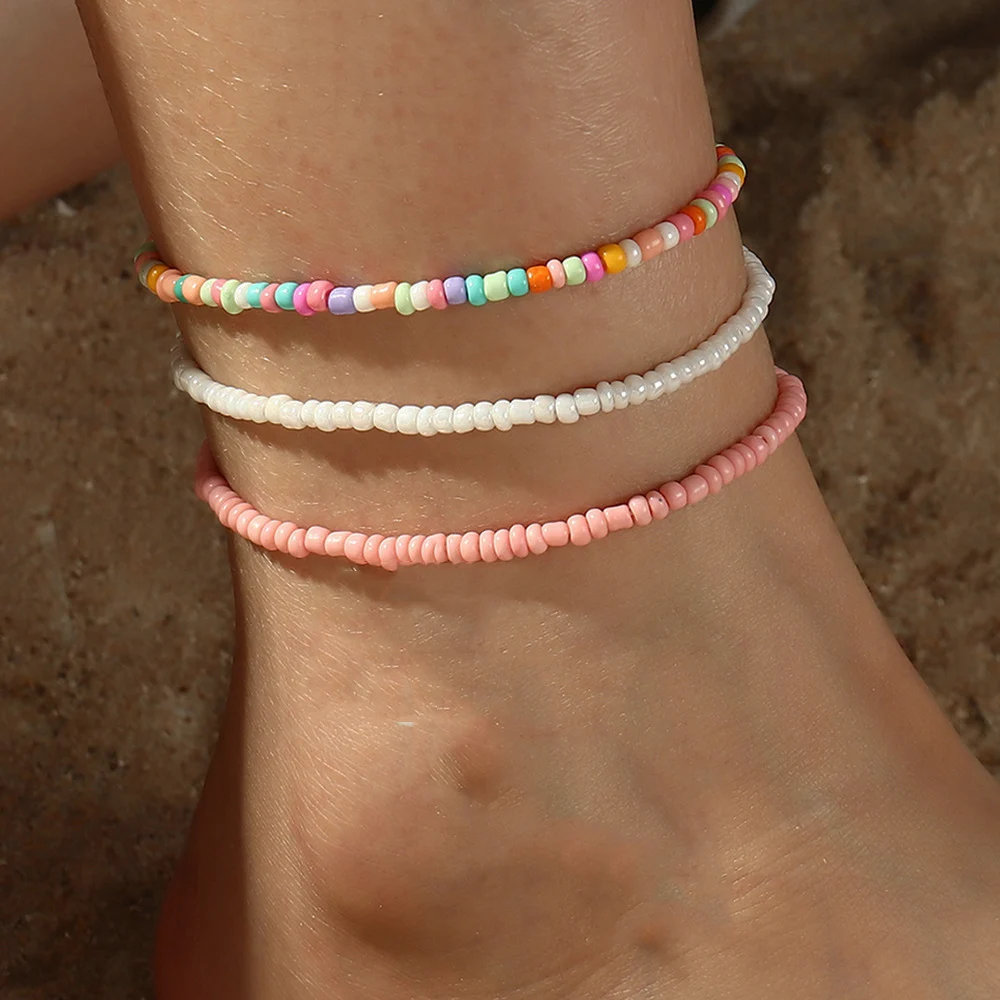 

Boho Anklet Foot White Pink Color Beads Chain Ankle Summer Bracelet Charm Sandals Barefoot Beach Foot Bridal Jewelry A050