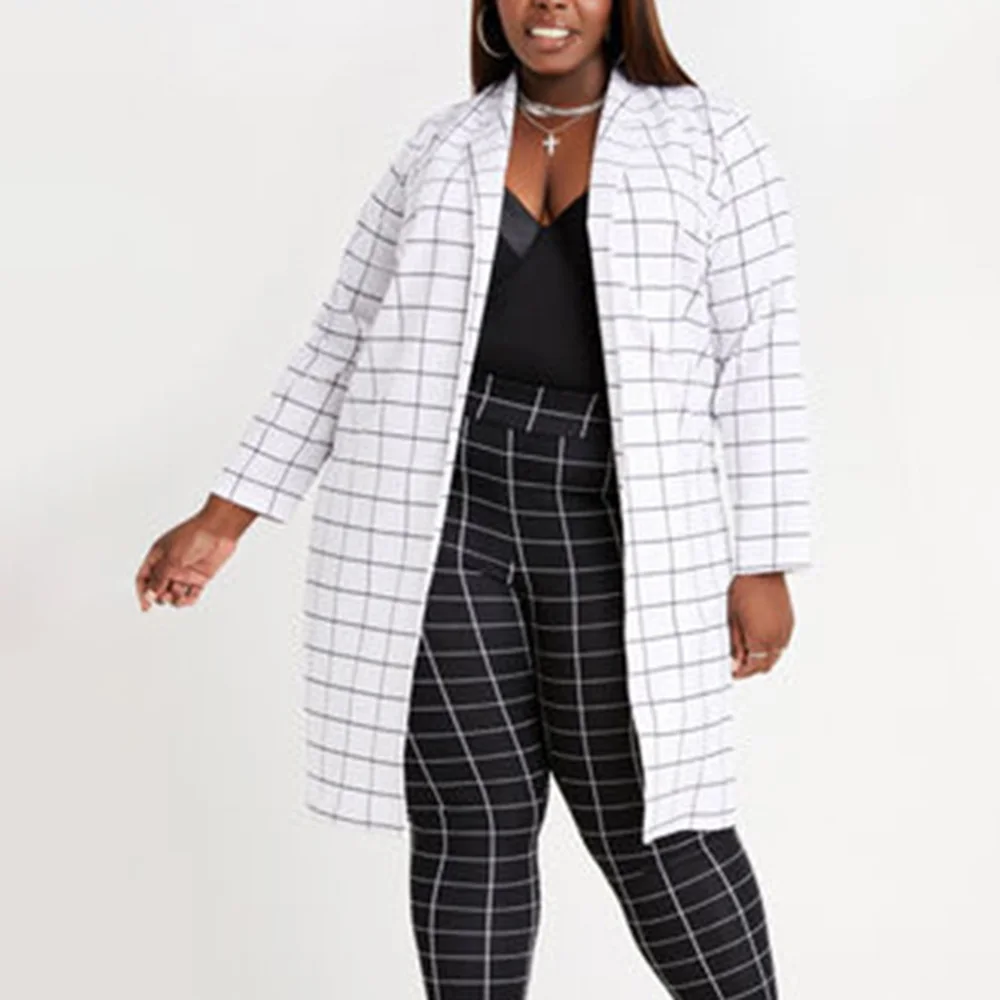 

2021 Autumn Winter New Product 4XL Plus Size Women's Suit Collar Plaid Long Sleeve Straight Windbreaker Jacket Women's