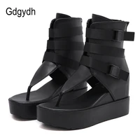 gdgydh platform flip flops women beach sandals ankle strap wedges shoes for summer black leather vintage european american zip
